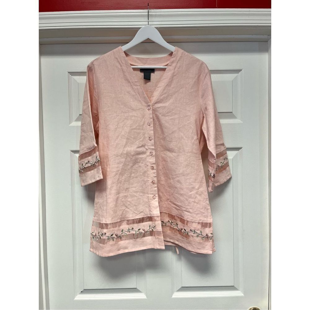 Jordan Pink Linen Embroidered Tie Back Button Down Tunic Top sz L EUC